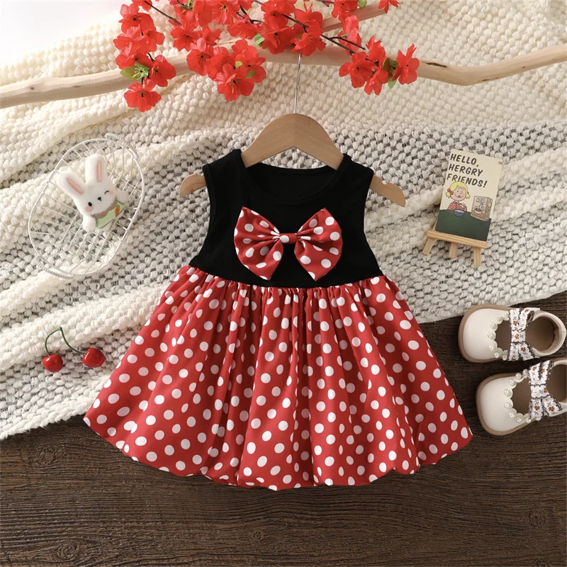 

2026 Summer Polka Dot Girls Dress Baby Sleeveless Princess Gown With Bow Toddler Red Cute Outdoor Outfit Kids Casual Vestidos