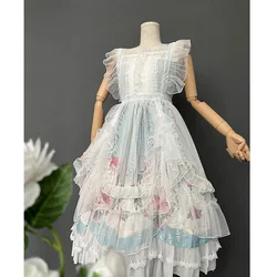 Vintage Sweet Lolita Dress Women Apron Sheer Mesh Cover up Girls Kawaii Japanese Party Fairy Dresses Pink White