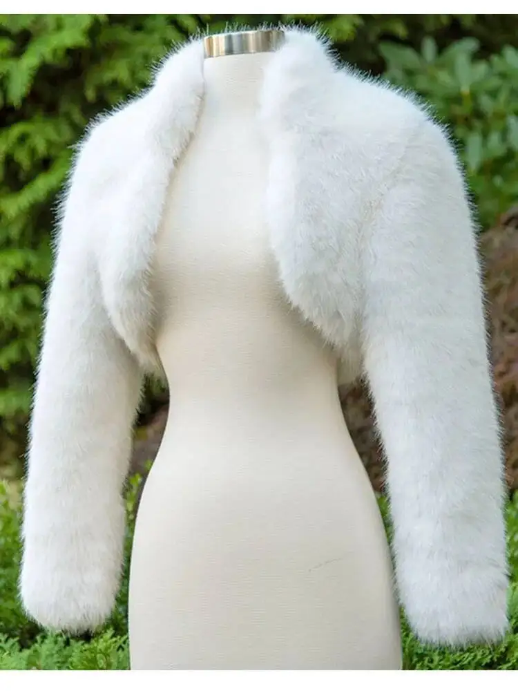 

Vintage Evening Party Shawl Cropped White Black Faux Coat Clothing Fluffy Jacket Woman Winter Fur Coats