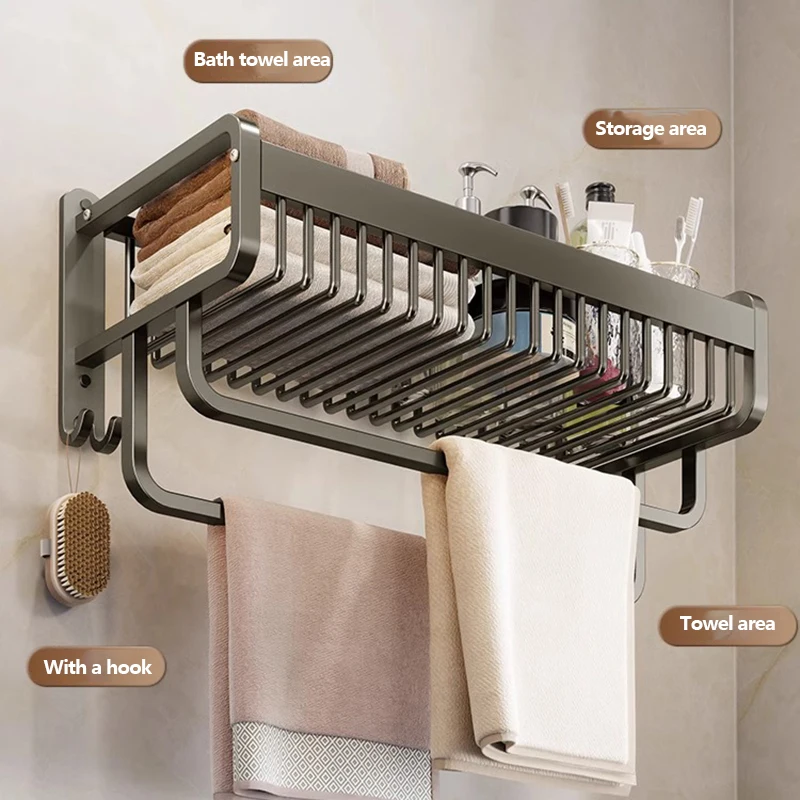 حامل منشفة حمام أسود غير لامع ، رف تخزين من الألومنيوم ، منظم ، أجهزة مع خطاف ، قضيب دش ، ملحقات شماعات