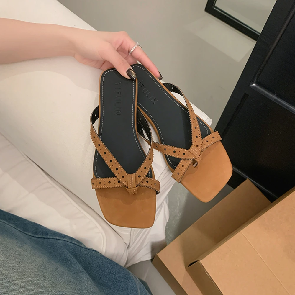 

NEW Summer Women Sandals Genuine Leather Shoes for Women Square Toe Low Heel Shoes Narrow Band Slip-on Shoes Solid Weave Sandals