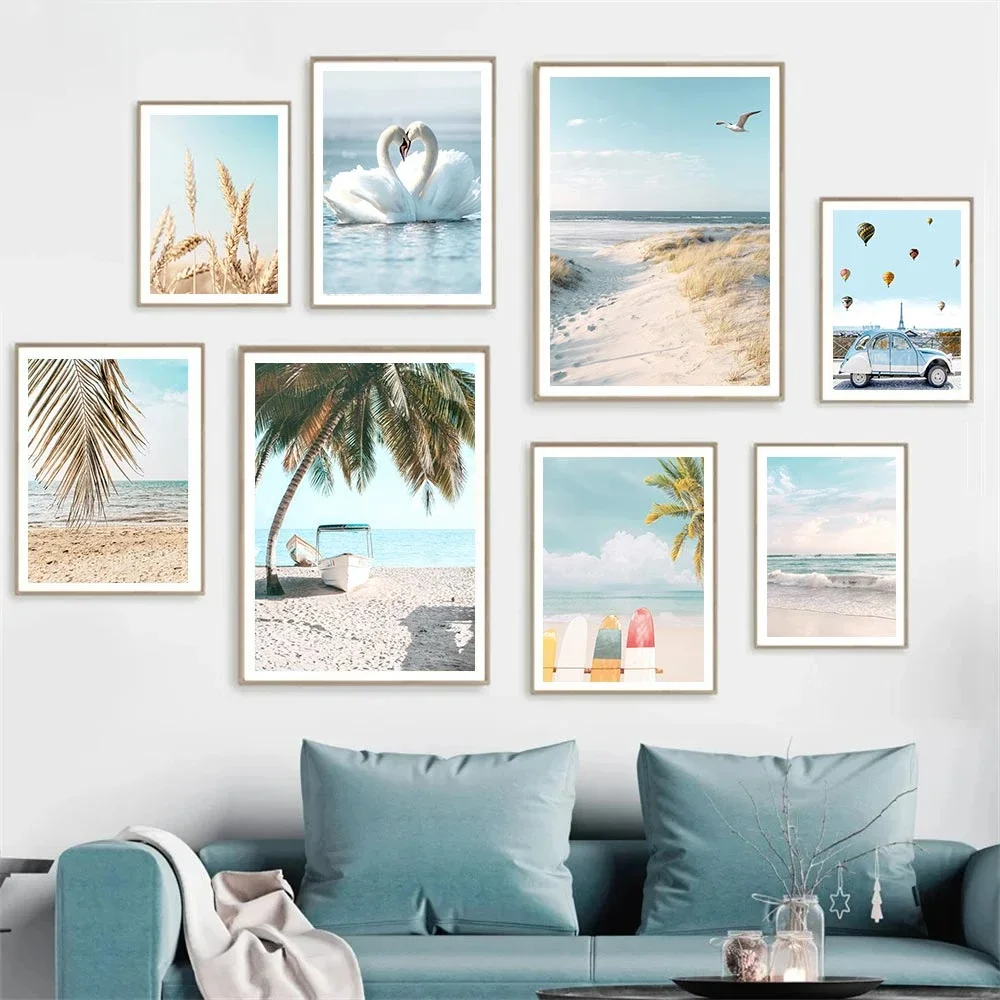 Summer Sea Beach Coconut Tree Surfboard Posters And Prints Seagull Swan Wall Art Canvas Painting Nordic Wall Pictures Home De