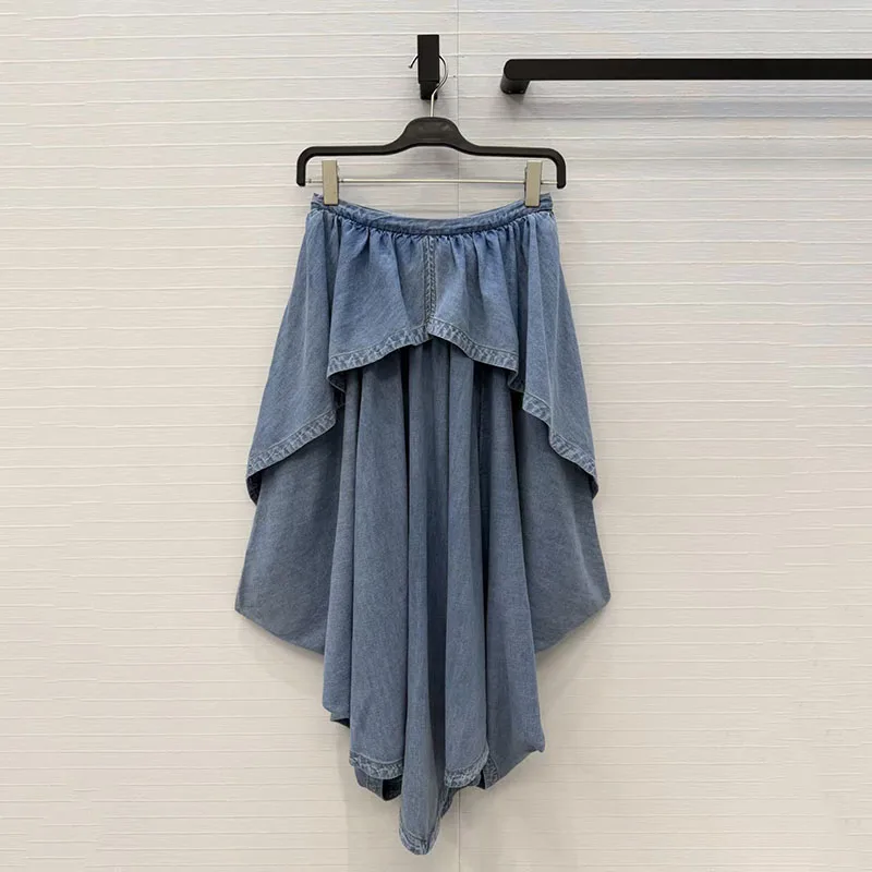 Double-layer ruffled irregular denim half-length skirt - Stretch high-waist figure-hiding casual versatile half-length skirt