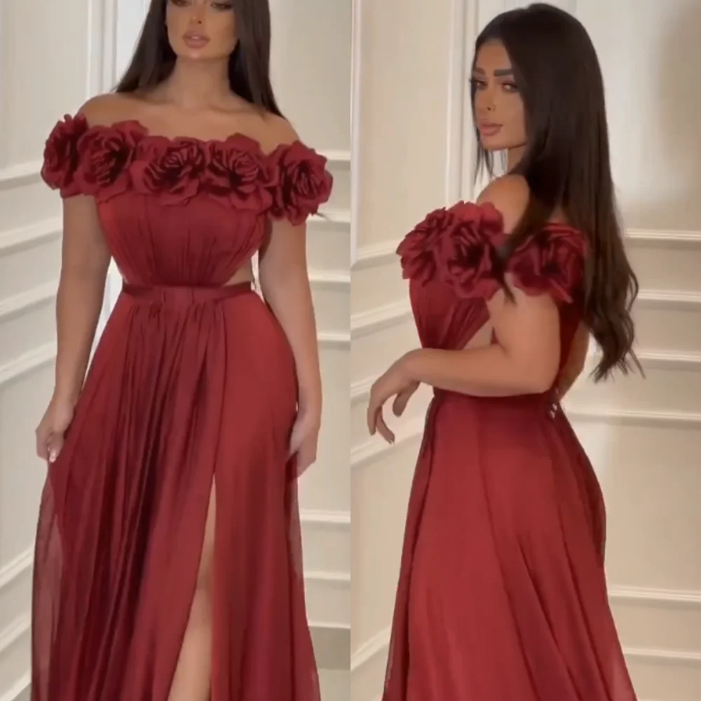 Vestido de fiesta elegante con hombros descubiertos, traje largo de alta calidad, con flores hechas a mano, tul