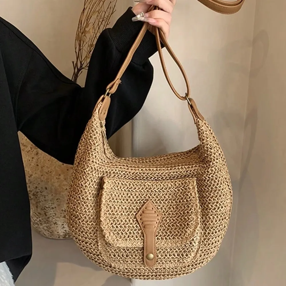 

Fashionable Rattan Handmade Shoulder Bag Solid Color Adjustable Shoulder Strap Crossbody Bag Versatile Women's Bag