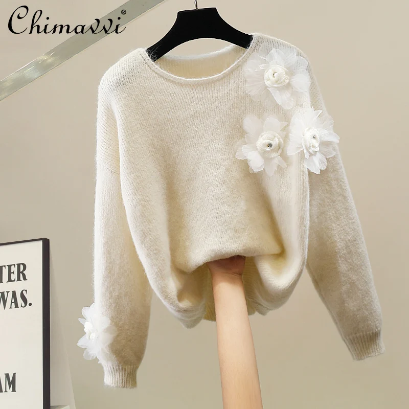 

Fashion Heavy French Style Floral White Sweater Women Winter New Sweet Girl Long Sleeve Loose Round Neck Pullover Knitted Top