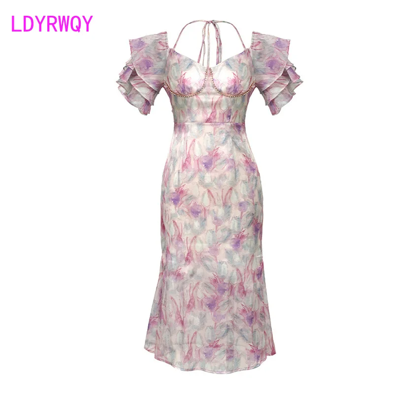 Broken floral long dress 2023 summer new French one-neck ruffle sleeves cinched waist hip dress