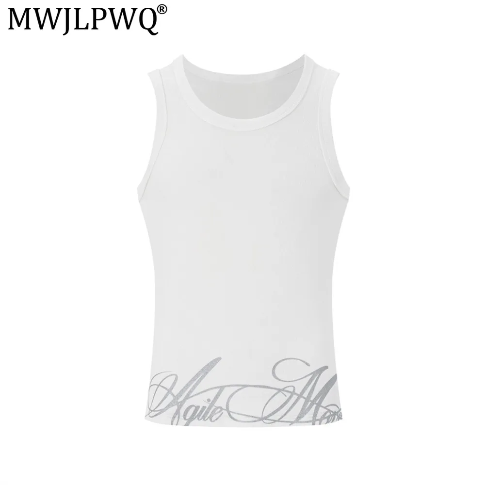 MWJLPWQ Tight-Fitting Men's Tank Top Summer Vibe American Street Fashion Floral Letter Print Casual Round Neck Casual Tops 20794