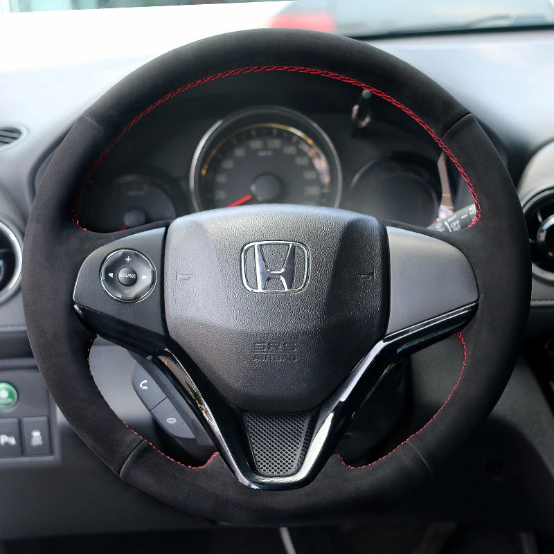 DIY Hand Sewn Needle Thread Car Steering Wheel Cover for Honda Fit Jazz 2014 Interior Car Accessories Suede Black Non-slip