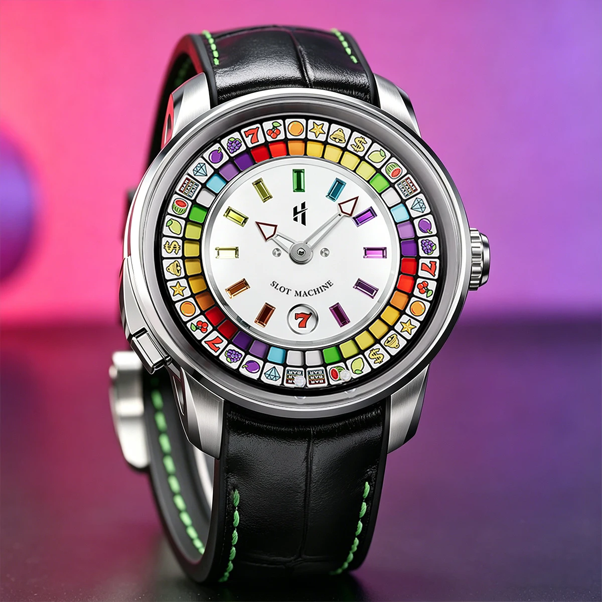

Lucky Harvey Slot Machine Automatic Watch 43mm Leather+Fluororubber Strap Sapphire Glass 3ATM Waterproof Men's Wristwatch Artist