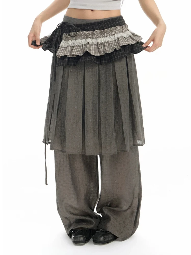 REDDACHiC Jacquard Lyocell Women Trousers Causal Lightweight Tie Up Wide Leg Fake Two-piece Palazzo Pants Alt Summer Clothes