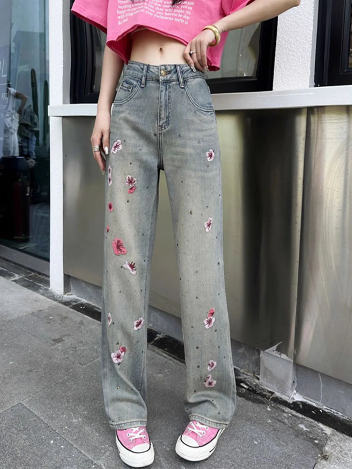 

Широкие джинсы с высокой талией, женские весенние новые свободные тонкие прямые джинсы длиной до пола с вышивкой и стразами, винтажные европейские D...