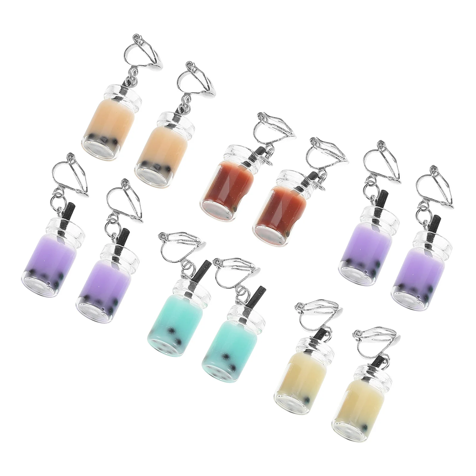 

6 Pairs Pearl Milk Tea Clip Cartoon Earrings Pendant Creative Jewelry Drop Dangler for Women Studs