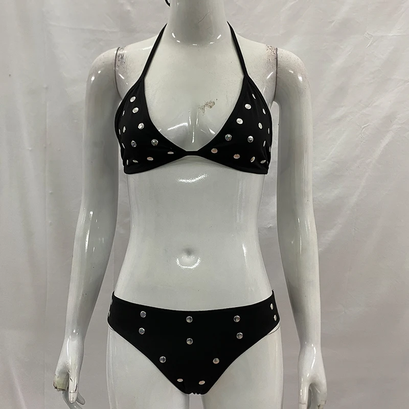 

Aesthetics Solid Color Rivet Decoration Slim Suspender Vest Briefs One Piece Fashion Beach Holiday Sexy Spicy Girl Navel Bikini