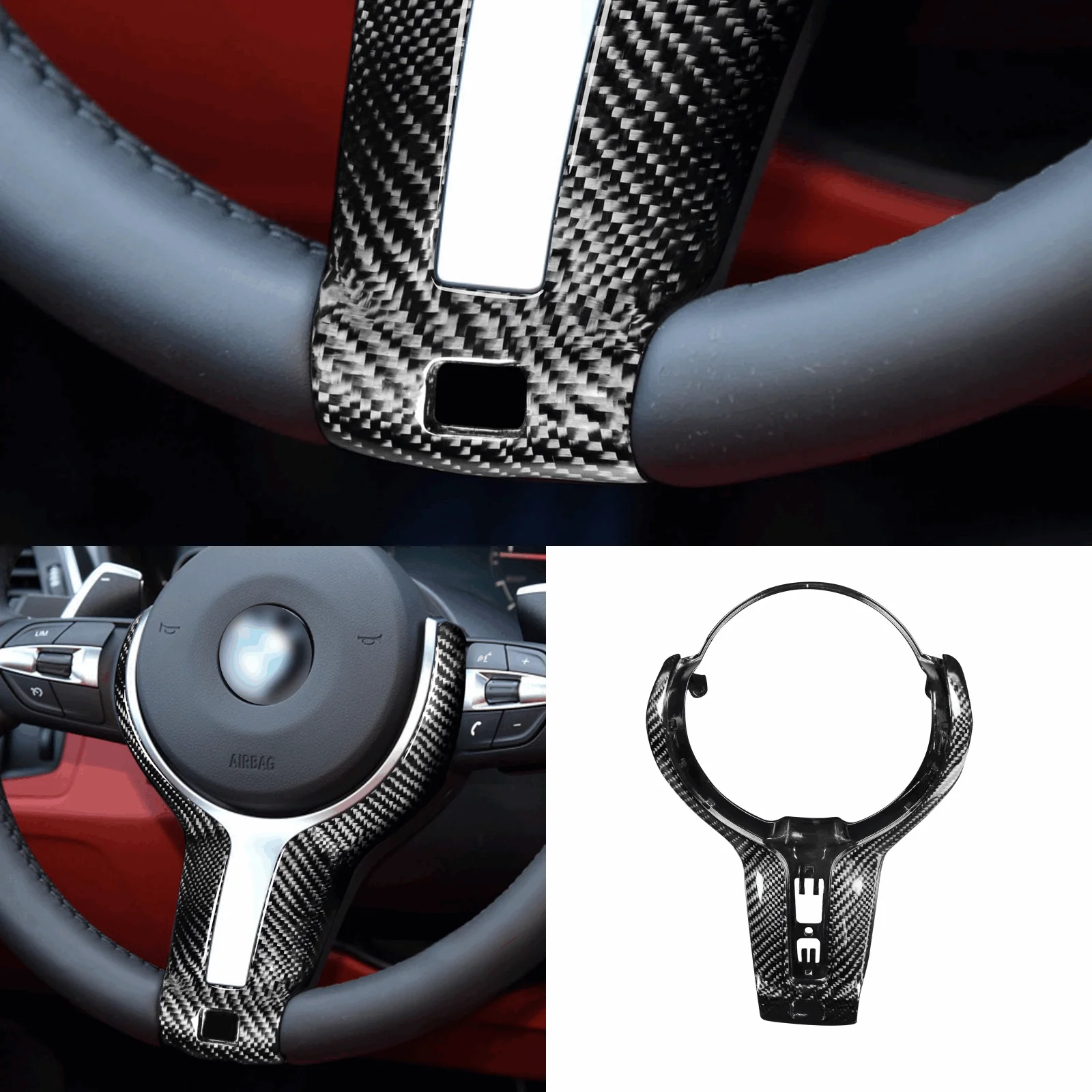 Real Black Carbon Fiber Steering Wheel Trim M Fit for BMW F20 F22 F30 F31 F33 F36 X5