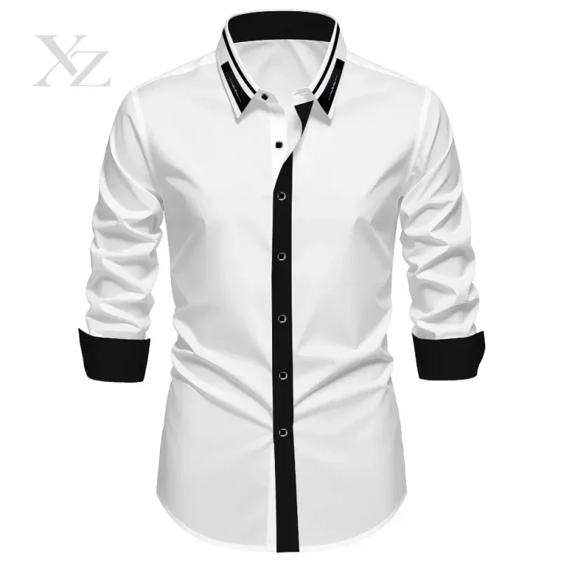 Men's Slim Fit Long Sleeve Collar Shirt with Contrast Color Splicing, Business Casual Cardigan Shirt XS-6XL