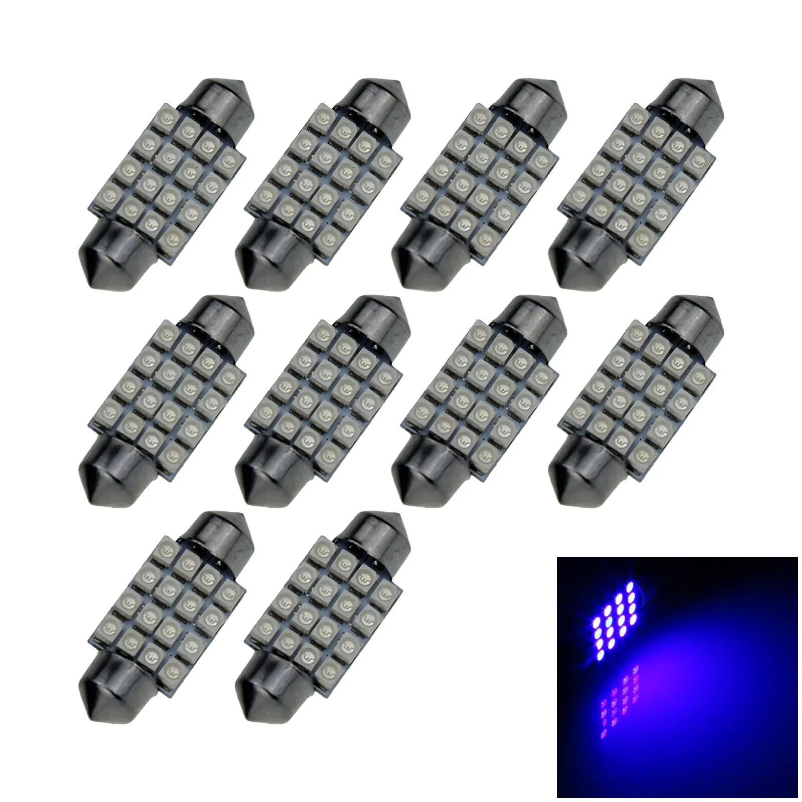 10x Blue AUTO 36MM Festoon Lamp Number plate Light 16 Emitters 1210 SMD LED 6418 I111-B