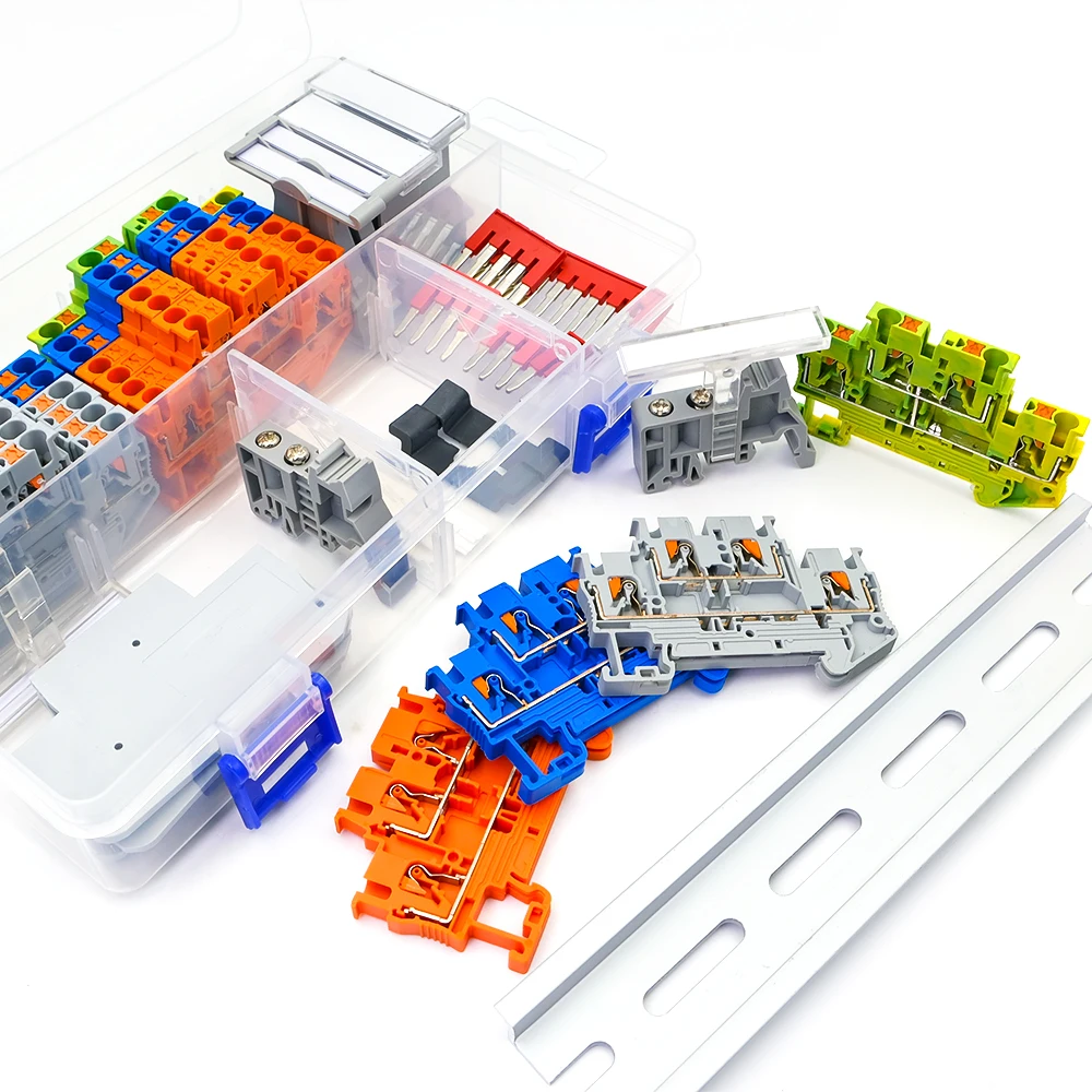 PTTB2.5 Din Rail Terminal Block Kit Spring Type End Cover Stop Plug-In Jumper Bridge Marker Strip Assembly Combined 12AWG 1Set