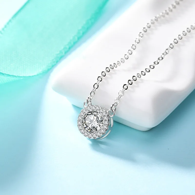 Round Bling Zircon Stone S925 Silver Pendant Long Chain Necklace Christmas Gifts For Women Jewelry suit цепочка на шею женская