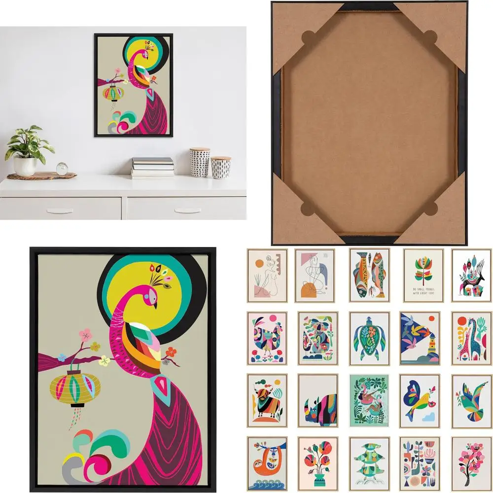 

Rachel Lee's Mid-Century Bird Art: 18x24 Black Framed Canvas, Colorful Sylvie Peacock Wall Decor