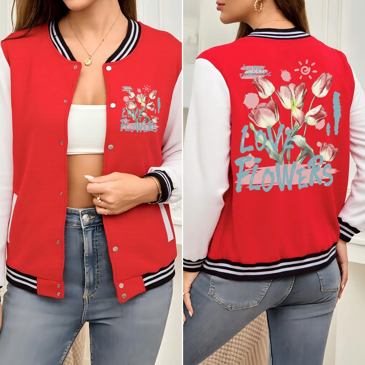 

Happy Romantic Love Flowers Printed Women Jacket Fashion Loose Baseball Uniform Autumn Colorful Clothes Cotton Sportswear
