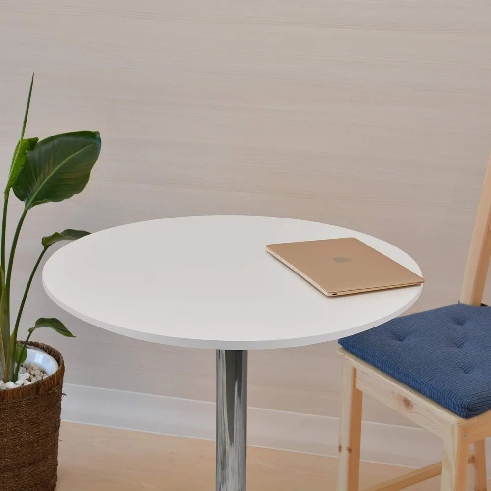 Round Top Not Adjustable (41 INCHES Height) Bar Table, Pub Table with Silver Leg and Base (White)