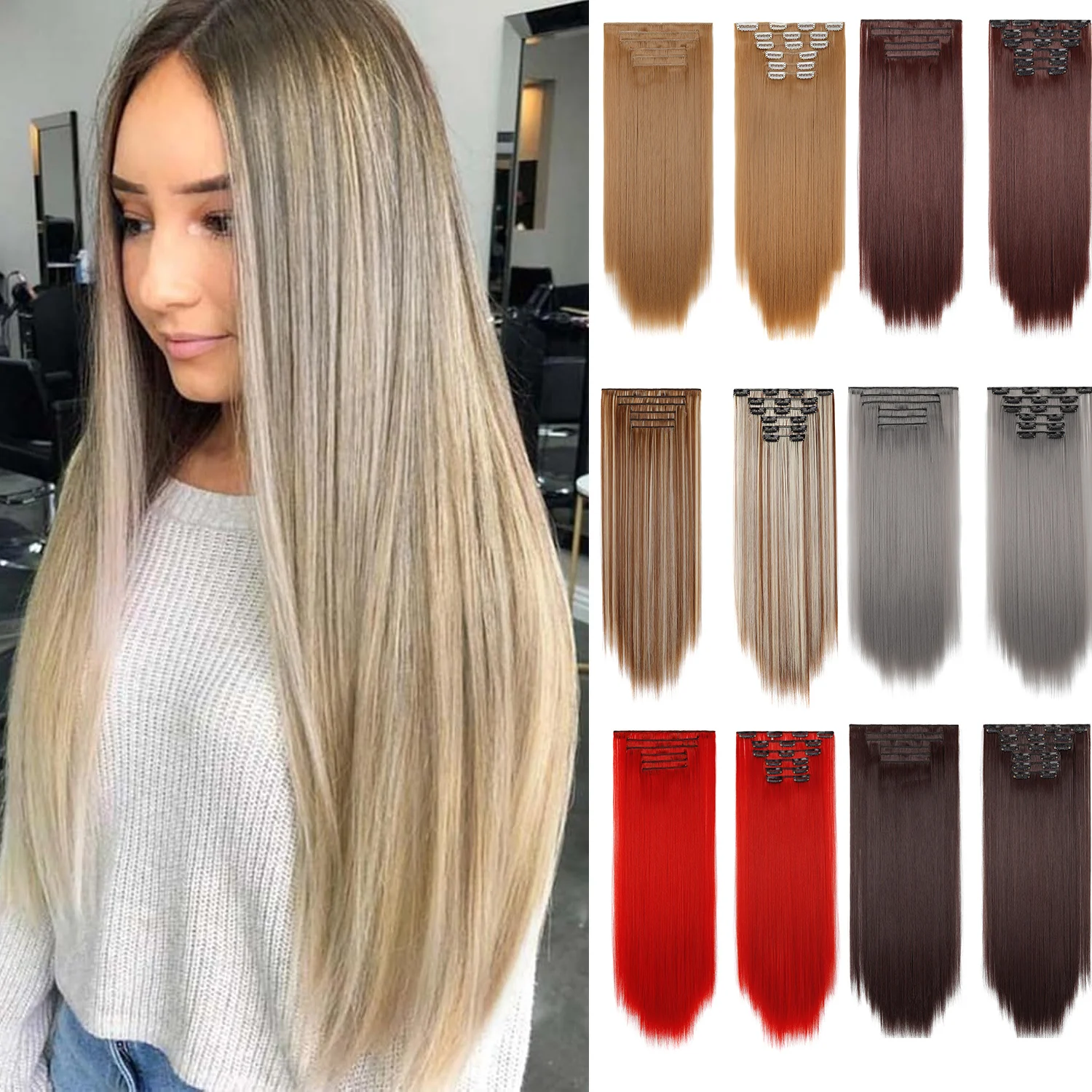 Zolin Synthetic Clip-in 6PCS 24 Inch Long Straight Thick Full Head Hair Extensions Natural Look and Daily Use