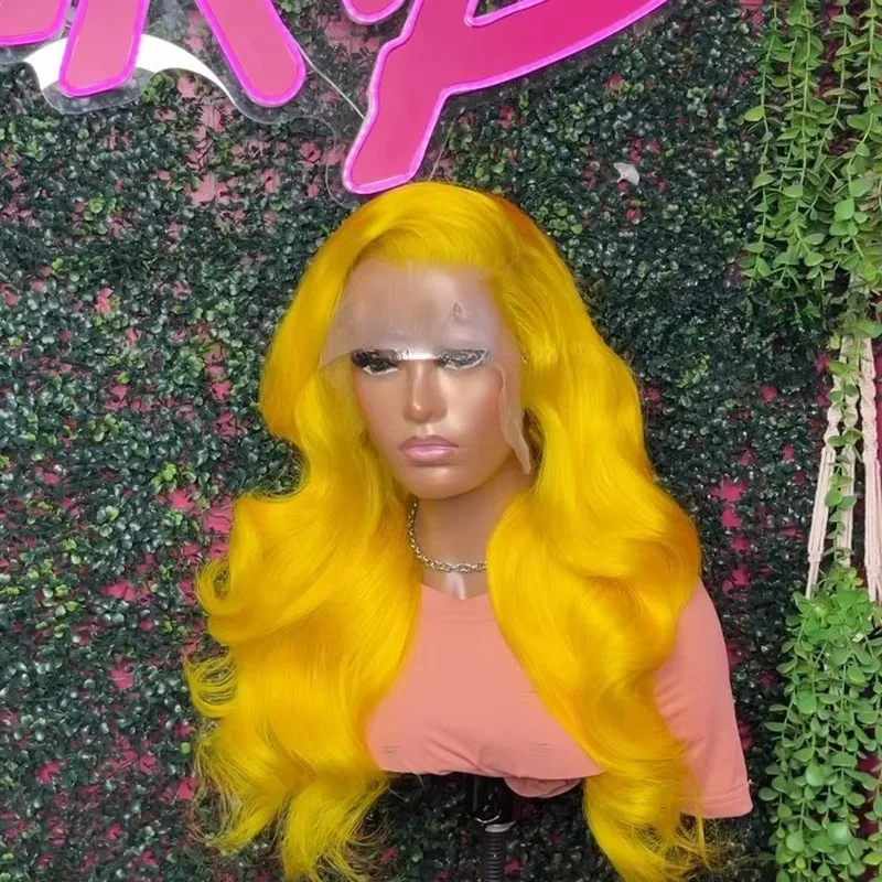 Yellow Synthetic Lace Wigs Halloween Super Long Body Wave 13x4 Lace Frontal Hair Wig With Baby Hair Party Fashion New Style Wig