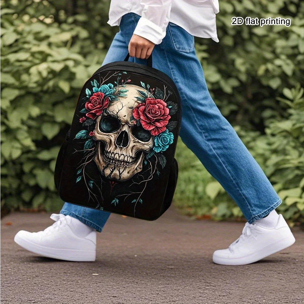 

A practical backpack with a spacious design - featuring a trendy Halloween skull and flower embellishment in a 2D flat print
