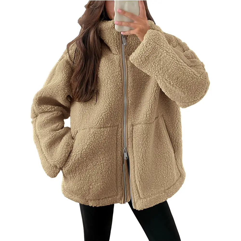 Women Winter Sherpa Sweater Turtleneck Loose Zipper Jacket Faux Lamb Fluffy Cardigan Lady Teddy Streetwear Sweaters