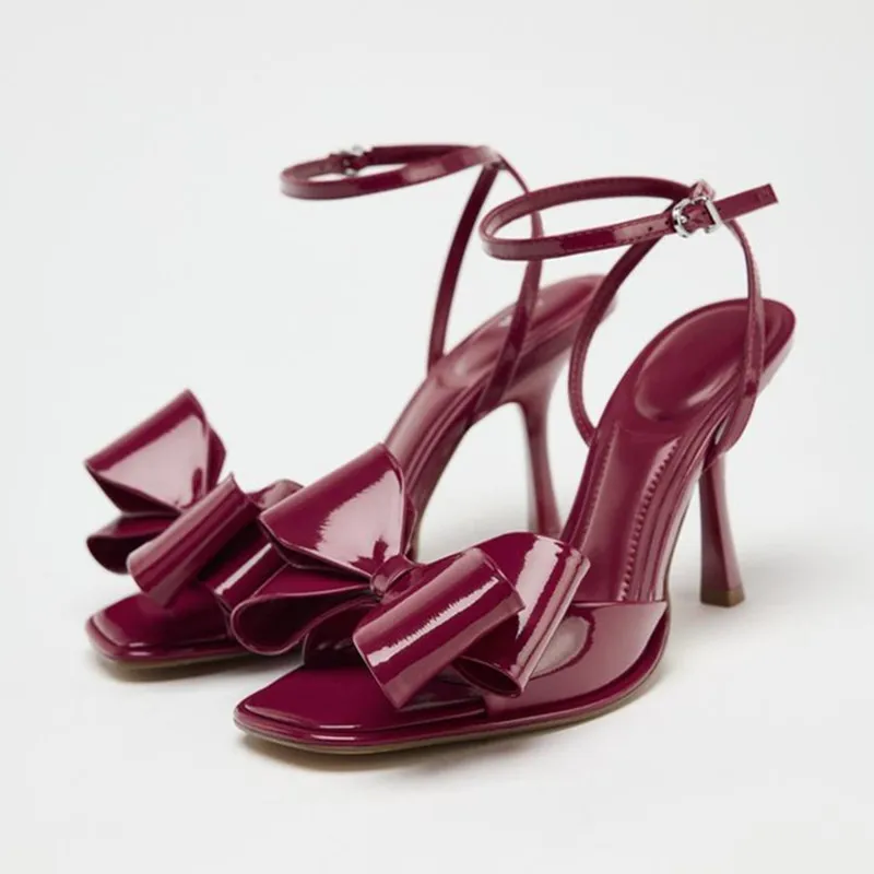 

Luxury Red Butterfly-knot Ankle Strap Heeled Sandals Women Sexy Square Toe Peep Toe Thin High Heels Elegant Wedding Bridal Heels