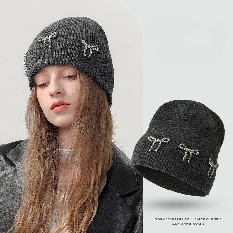 Pearl Bow Knitted Hat for Women in Winter, Solid Color, Cold Proof and Warm Double-layer Ear Protection Woolen Hat