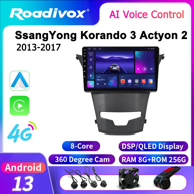 

roadivox Android car radio for SsangYong Korando 3 Actyon 2 2013 2017 GPS Navigation video Multimedia Player tape recorder