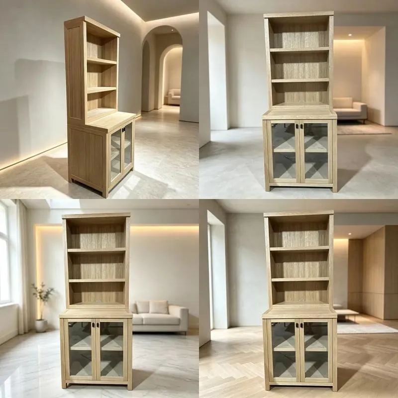 Solid Teak Glass Door Display Cabinet Living Room Storage Bookcase Full Hardware Modern Home Furniture