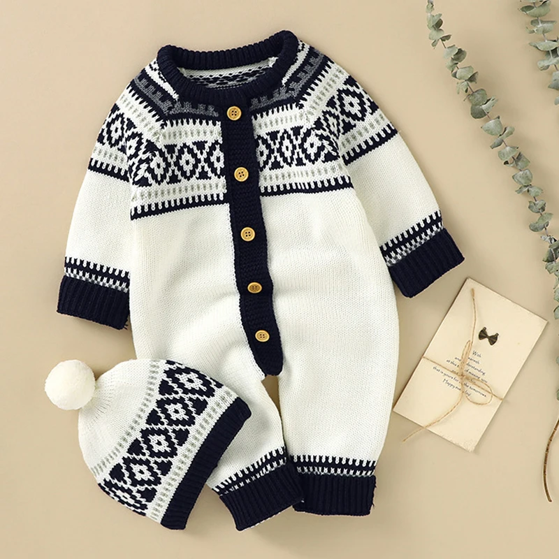 New Christmas Newborn Baby Romper +Hat Knitted Toddler Girls Christmas Kids Clothes One Piece Overall Infant Boy Jumpsuit Outfit