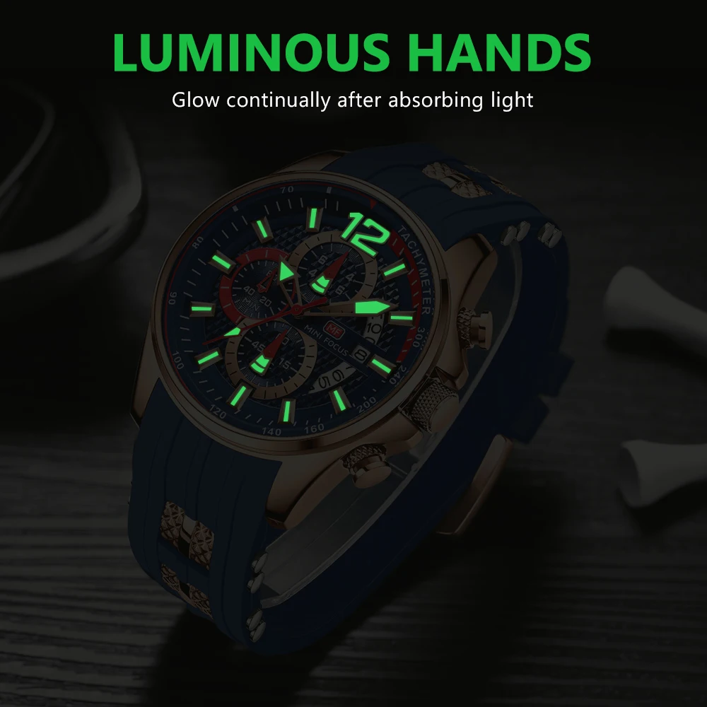 MINI FOCUS Fashion Creative Design Watches Men Quartz Silicone Strap Date Wristwatches for Male Clock with Luminous Hands