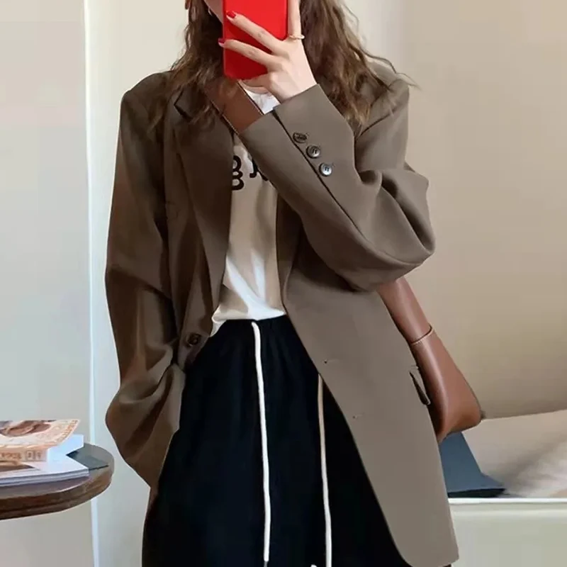 

Biyaby Korean Loose Coffe Blazers Jacket Women 2022 Autumn Single Breasted Suit Jacket Woman All-Match Long Sleeve Coats Female