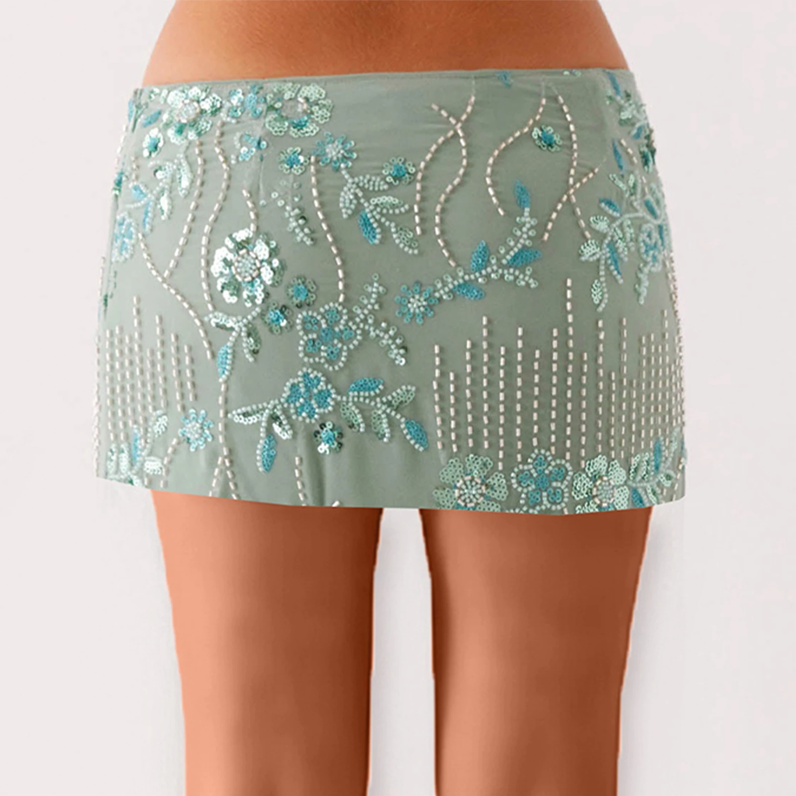 

Women Sequin Short Skirt Beaded Flower Low Rise Mini Bodycon Skirt Trendy Summer Streetwear