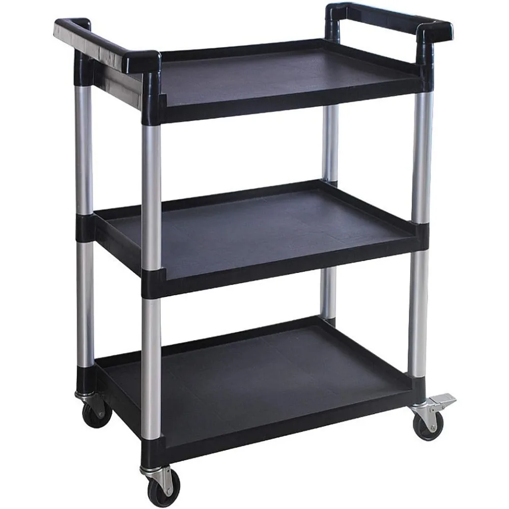

Three Shelf Utility Cart, Plastic Construction With Wheels, 225 Pound Capacity, Black Finish