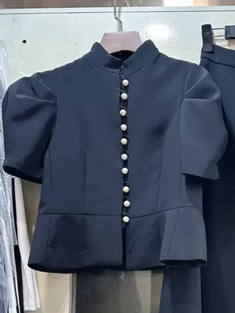 Elegant bubble short-sleeved single-breasted jacket spring and summer women's new high-waisted skirt fashion two-piece suit