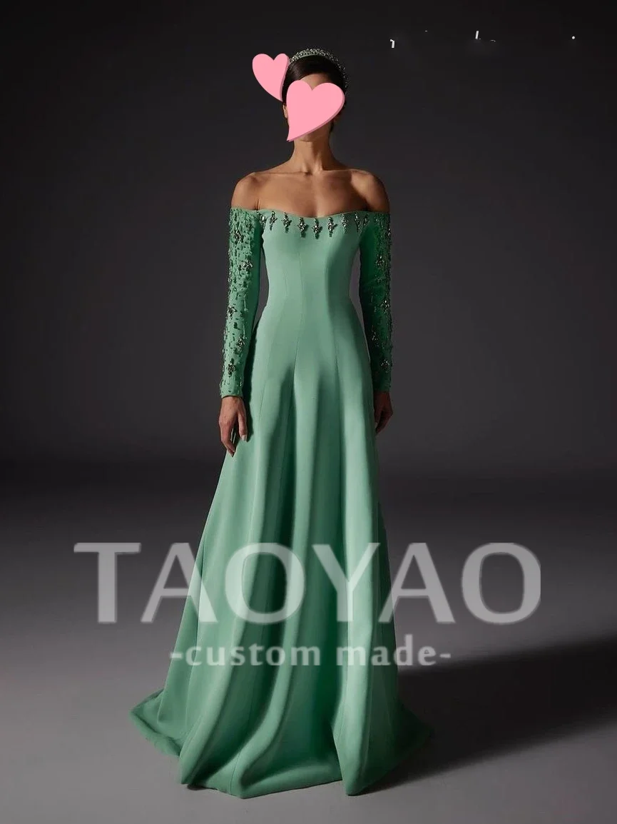 

Elegant Vintage Sweet Green Crystal Beading Boat Neck Evening Dress Off Shoulder Formal Occasion Prom Dress Evening Party Gowns