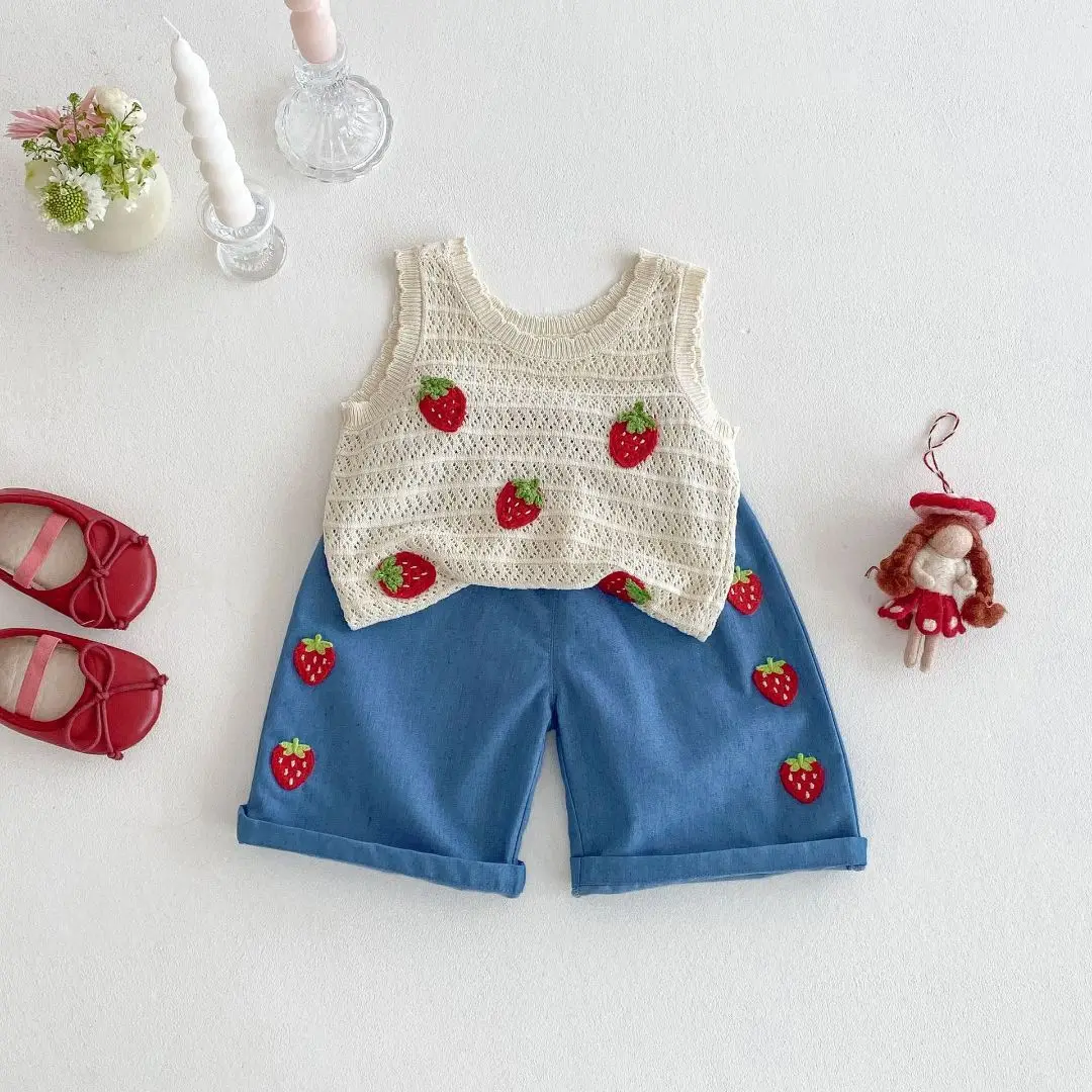 2026 Summer Kids Clothing Set Strawberry Vest And Wide Leg Pants 2 Pcs Girls Suit Girls Clothes Suit