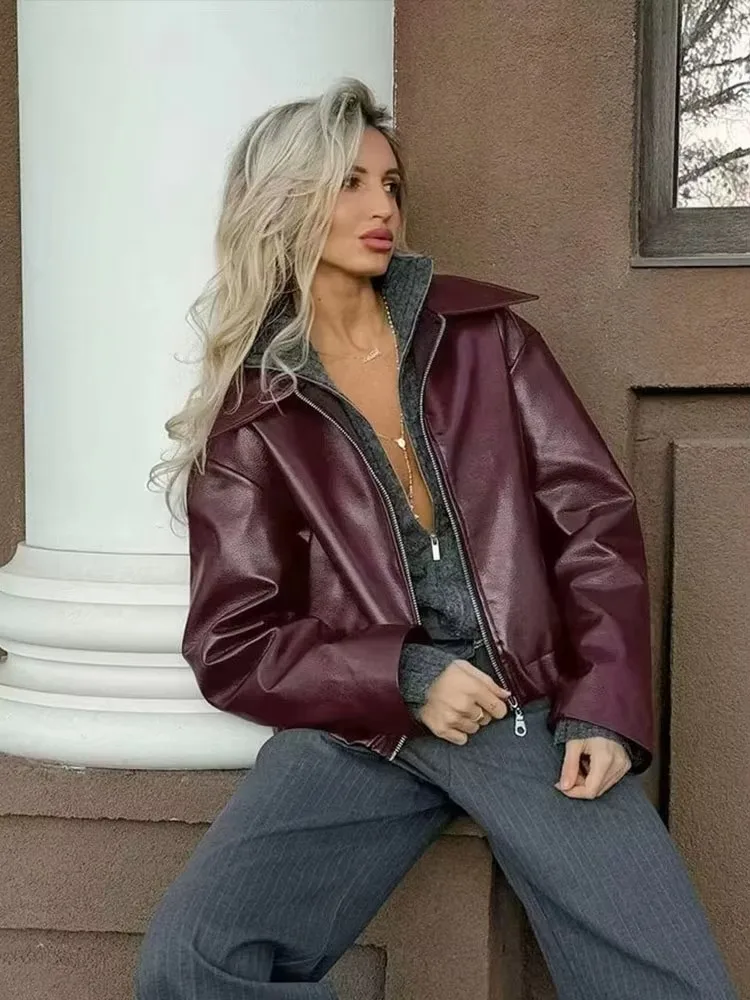 HH Street Pu Leather Women's Jacket Vintage Fashion Zipper Long Sleeve Female Coat 2024 Autumn Turn-Down Collar Lady Outwear