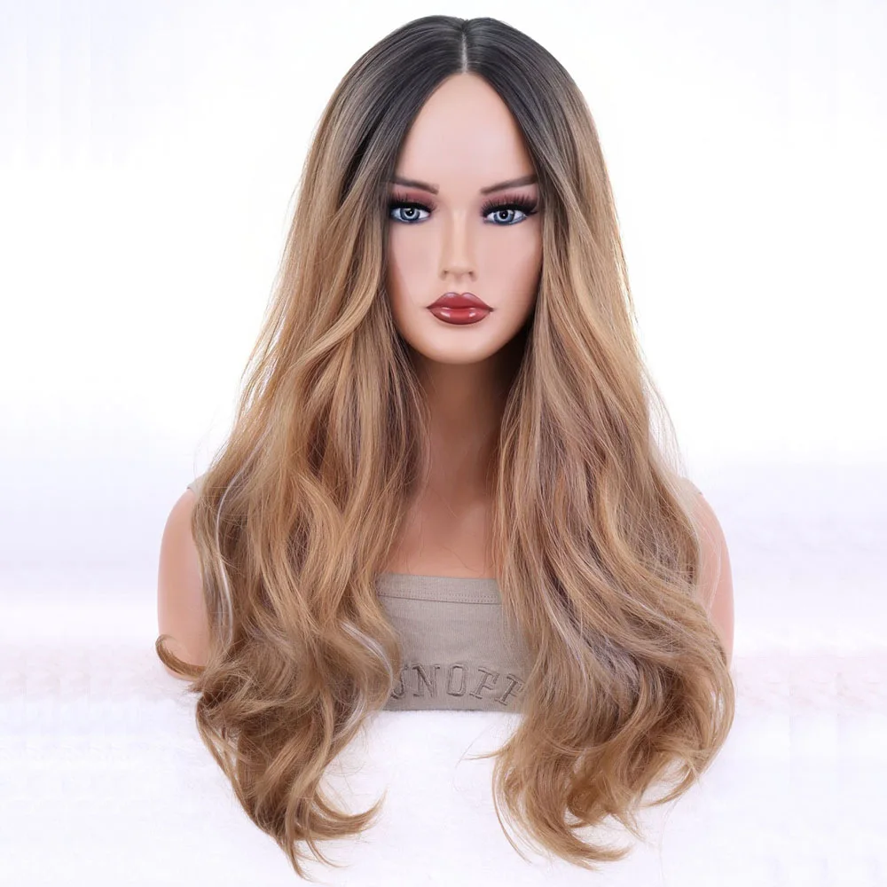 Black gradient golden long curly hair large wave full head set women's chemical fiber high-temperature silk rose net