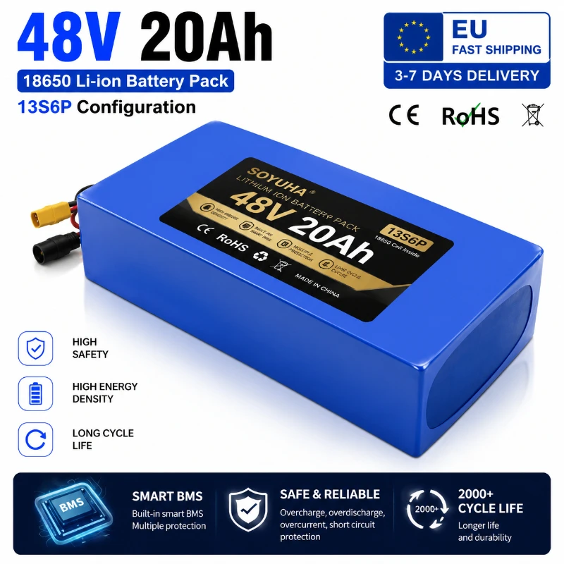 48V 20Ah Lithium-Ionen-Akku 13S6P 18650 Zellen E-Bike-Akku Hochkapazitäts-Wiederaufladbarer Li-Ionen-Akku mit Smart BMS-Schutz XT60 JST-Anschluss für Elektrofahrräder und -Roller EU-Lager Schneller