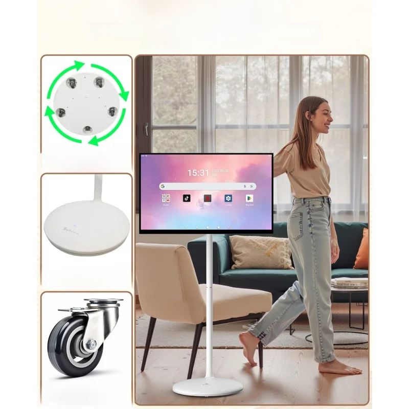 Portable TV on Wheels, 32-Inch Smart Rolling TV with Touch Screen, 1080P Display, Android 14, Built-in 10000mAh Battery,