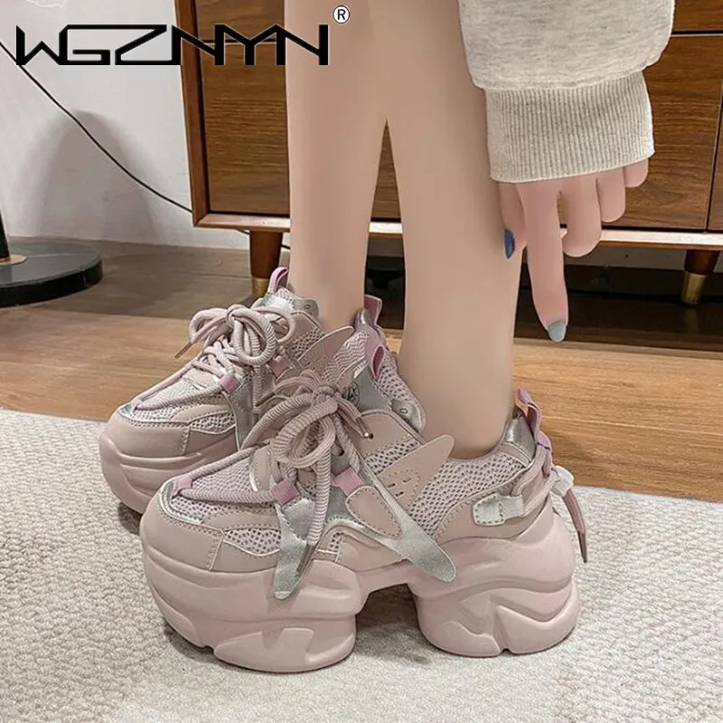 

Women High Platform Non-slip Sneakers Autumn Vulcanized Shoes 6.5CM Thick Sole Leather Casual Shoes Chunky Dad Sport Sneakers