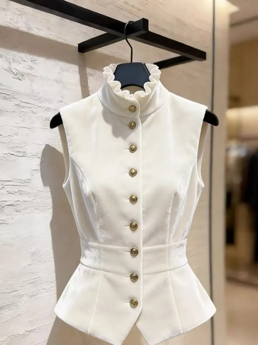 New French Style Slimming Velvet Vest Women Light Luxury Fashionable Sleeveless Stand Up Collar Vests Female Elegant Waistcoats