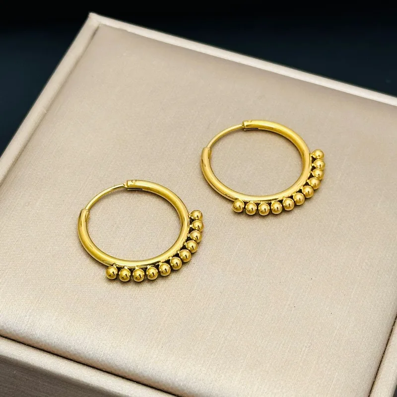 Personality Trendy Gold Color Stainless Steel Small Round Bead Hoop Earrings for Woman Korean Winter Jewelry Accessories Gifts
