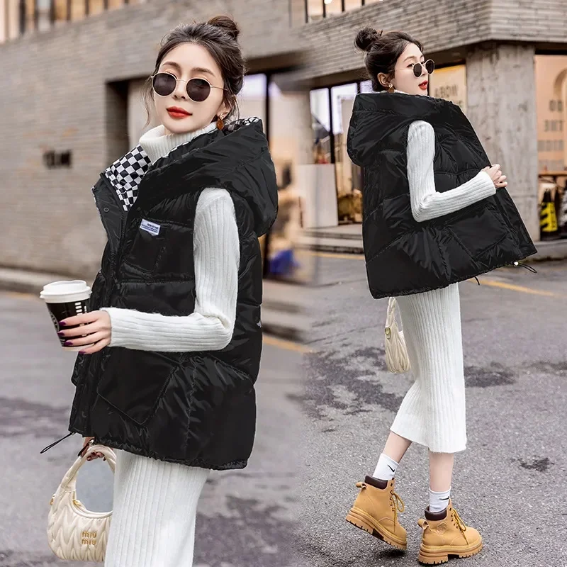 2023 Female Fashion Casual Outerwear Sleeveless Hooded Padded Warm Parkas Waistcoat Autumn Winter New Women Vest Coat Jacket